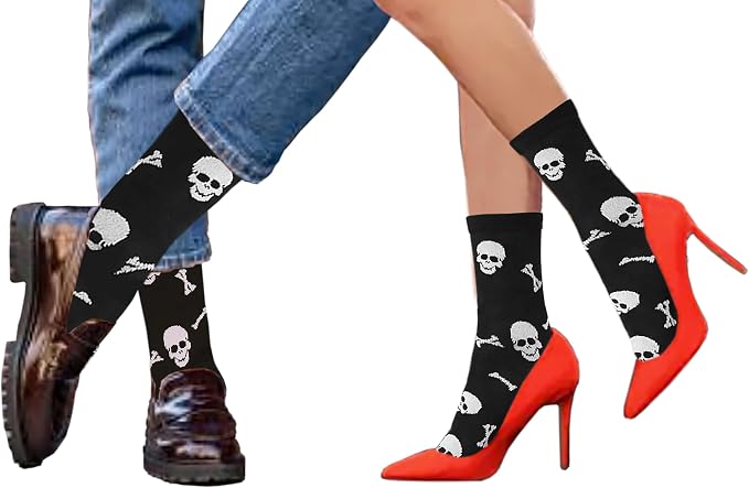 Mazeology Skull and Crossbones Streetwear Crew Socks, Black and White, Combed Cotton Blend, UniSex One Size for Men and Women - sugar skull costume