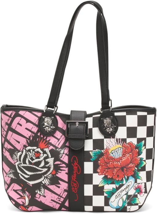 ED HARDY Women's Skull Rose Tote Bag, Dual Straps, Love Tattoo Graphic Handbag, 16 x 9.5 in - sugar skull handbags for sale
