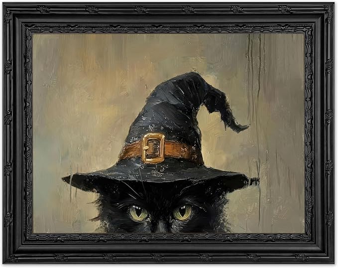 Framed Vintage Black Cat Wall Art,Black Cat in Witch Hat Canvas Painting,Gothic Halloween Poster Prints,Dark Academia Picture Wall Decor for Living Room Bedroom 11x9in - skull painting