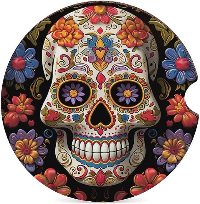 Sugar Skulls 2.6 Inch Car Coasters Wood Absorbent Drink Coasters for Cup Holders with A Finger Notch Non-Slip Cork Base Car Interior Accessories for Women Men 1PCS - skull coaster