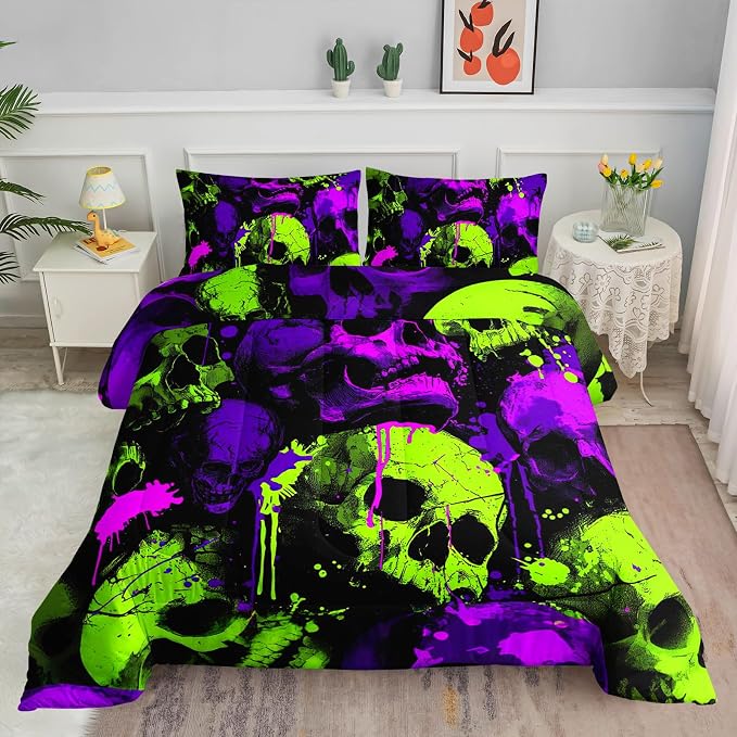 Comforter Set Green Purple Skull Printed Bedding Set with 1 Comforter and 2 Pillowcases for Girls Boys Bedroom All Season(Green Purple Skull Queen)