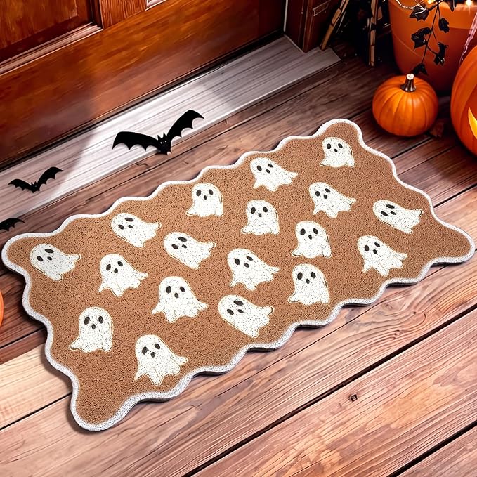 Halloween Door Mat Outdoor Scalloped Ghost Rug Cute Faux Coir Welcome Mat - skull floor mat