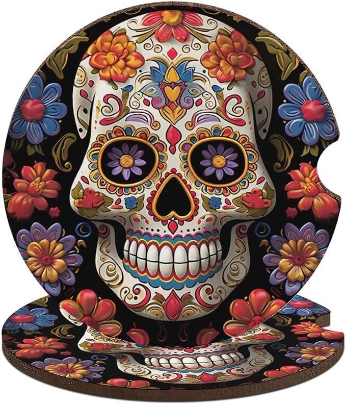 Sugar Skulls 2.6 Inch Car Coasters Wood Absorbent Drink Coasters for Cup Holders with A Finger Notch Non-Slip Cork Base Car Interior Accessories for Women Men 2PCS - skull coaster