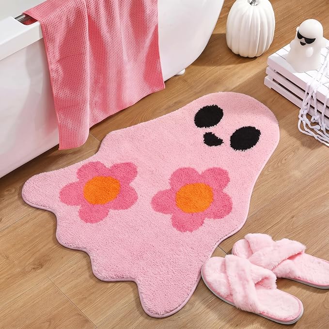Pink Ghost Bathroom Rug Pastel Halloween Mat 27 x 32 in - skull carpet