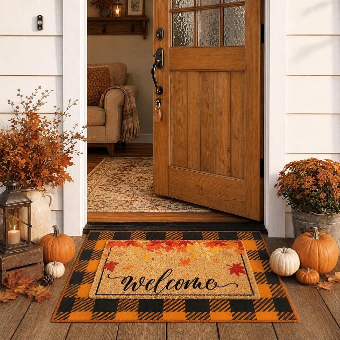 2 Pcs Fall Outdoor Doormat Set, Coir Welcome Maple Leaves Doormat 17"x30" + Washable Orange Black Plaid Rug 28"x43", Non Slip Autumn Entrance Mats for Thanksgiving Halloween Farmhouse Front Door Decor - skull floor mat