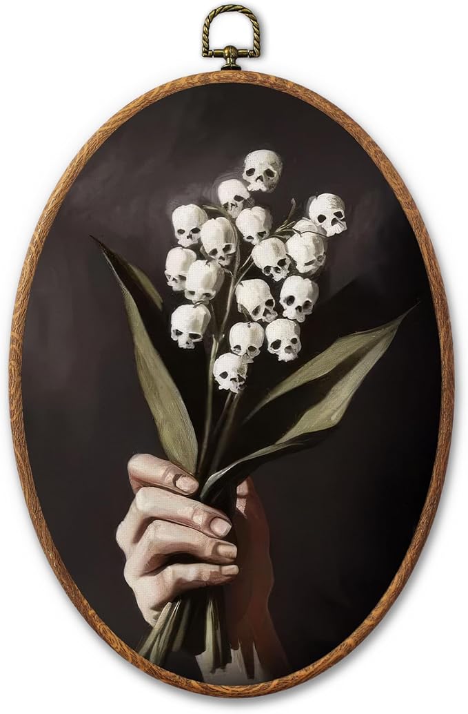 RWWNONW Halloween Gothic Skull Lily Bouquet Vintage Oval Wall Art Decor - skull wall art