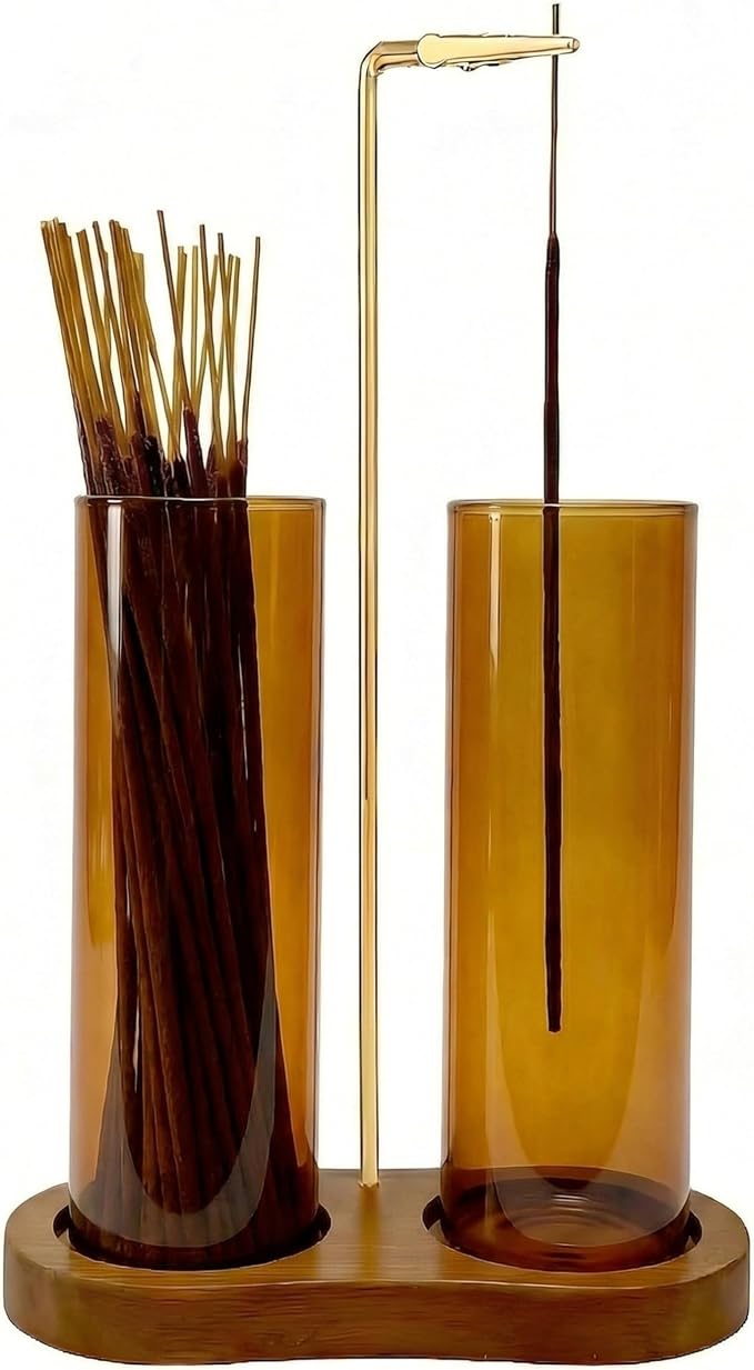 Amber Glass Incense Holder, Colorful Incense Sticks Burner Holder with Storage,Hang Upside Down Incense Holder for Sticks with Glass Ash Catcher for Meditation Yoga Spa Room Decor (Amber) - skull incense burner