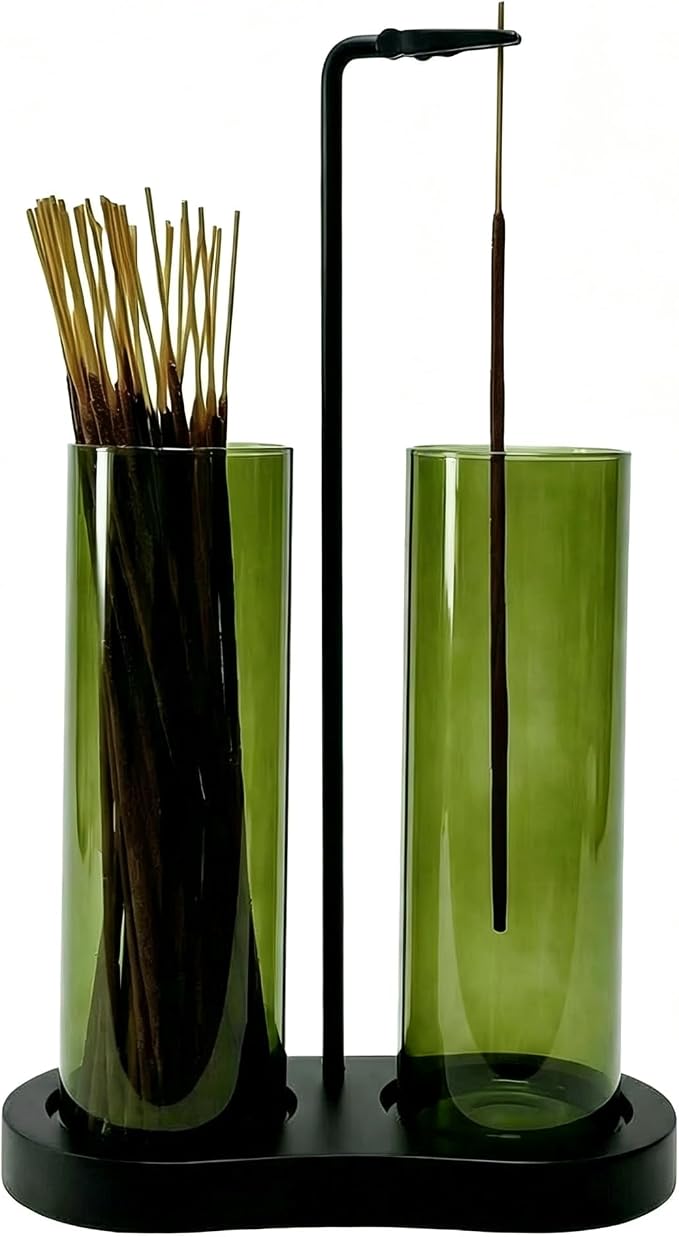 Green Glass Incense Holder, Colorful Incense Sticks Burner Holder with Storage,Hang Upside Down Incense Holder for Sticks with Glass Ash Catcher for Meditation Yoga Spa Room Decor (Green) - skull incense burner