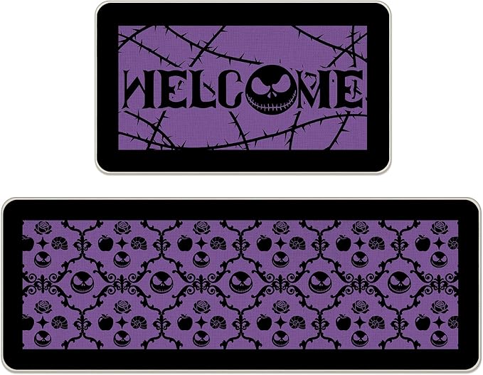 Spooky Purple Welcome Kitchen Rug Set of 2, Gothic Halloween Door - skull floor mat