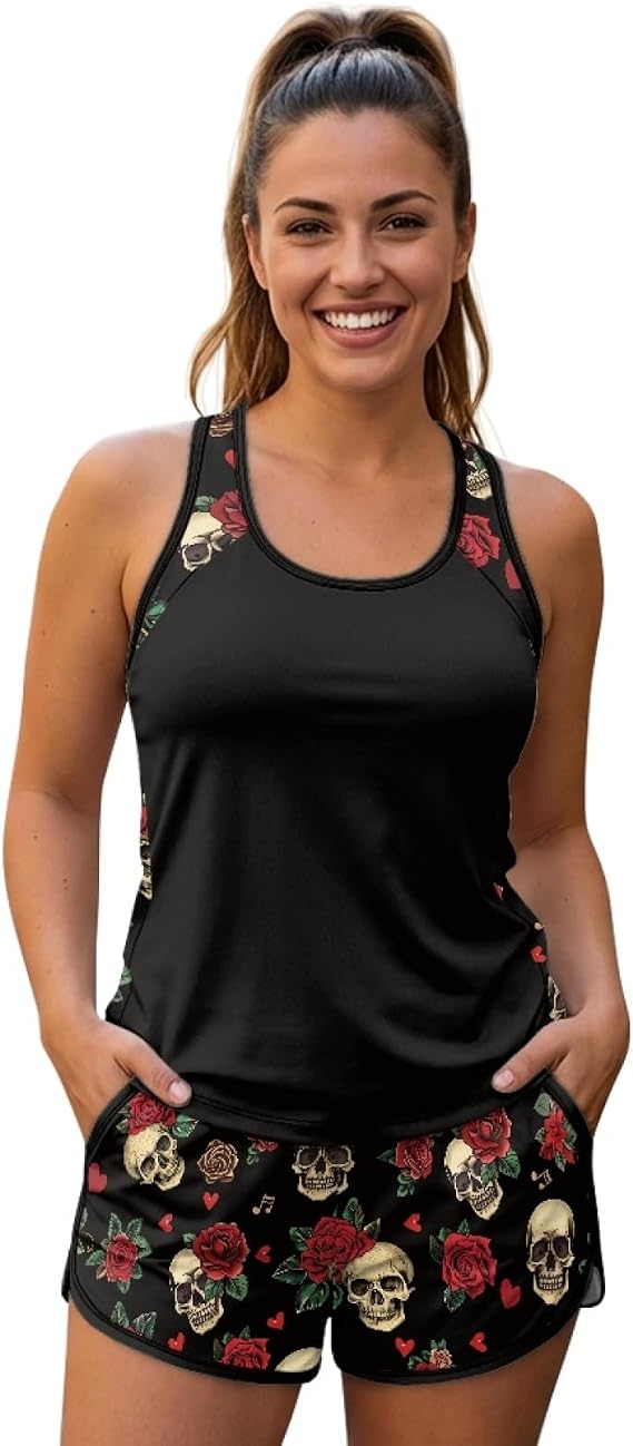 2 Piece Tankini Swimsuits for Women Athletic Bathing Suits Swim Tank Tops with Sports Shorts Bathing Suits S-6XL - skull tank tops
