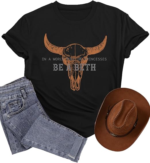 Western Shirts for Women Cow Skull T-Shirt Country Music Tee Tops - skull tshirt