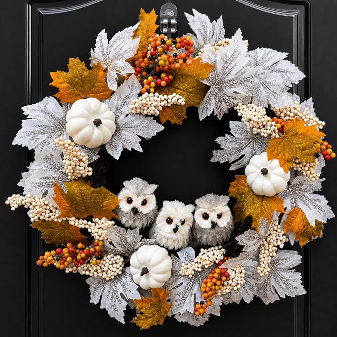 21 Inch Owl Pumpkin Fall Wreath - Autumn & Thanksgiving Door Decor - skull wreath