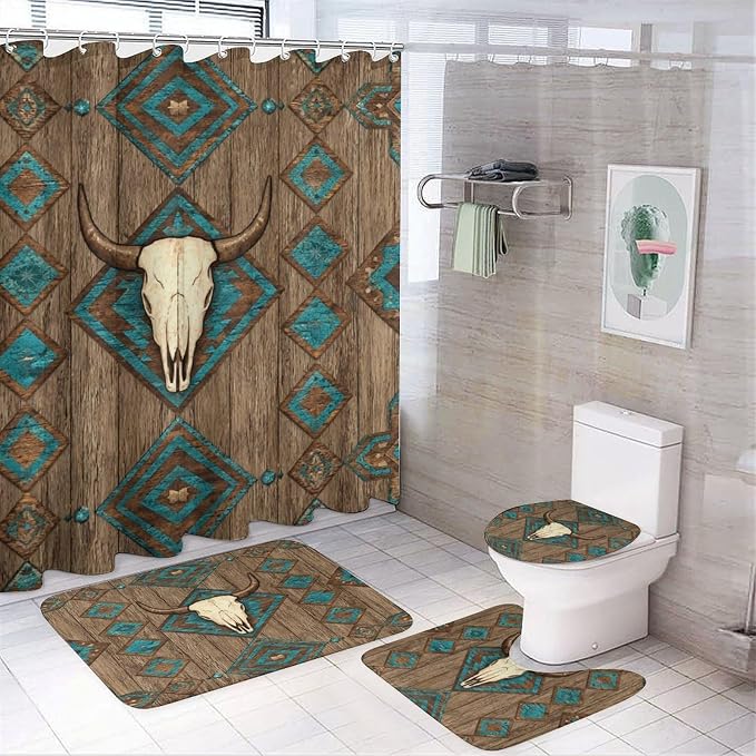 4PCS Western Bull Skull Wood Grain Shower Curtain Set 72W X 72L, Retro Aztec Diamond Print Bathroom Decor, Toilet Lid Cover Non-Slip Rugs and U-Shaped Mat Set 12 Hooks - skull toilet mat