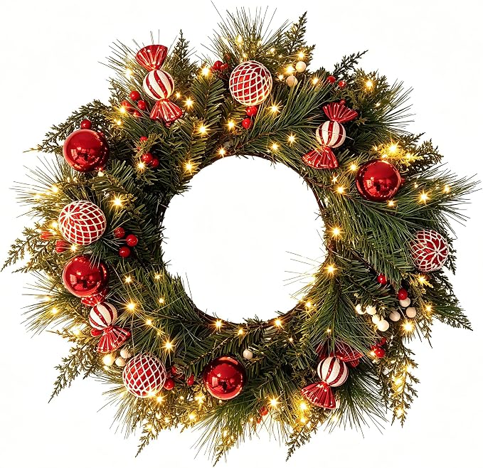 HipTree 24 Inch Lighted Christmas Wreath for Front Door,Red White - skull wreath