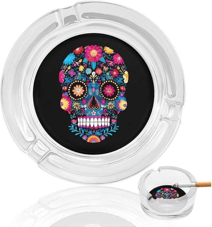 Sugar Skull Glass Ashtray Modern Cigarette Ash Holders for Indoor Outdoor Home Office Use 3.3" - skull ashtray