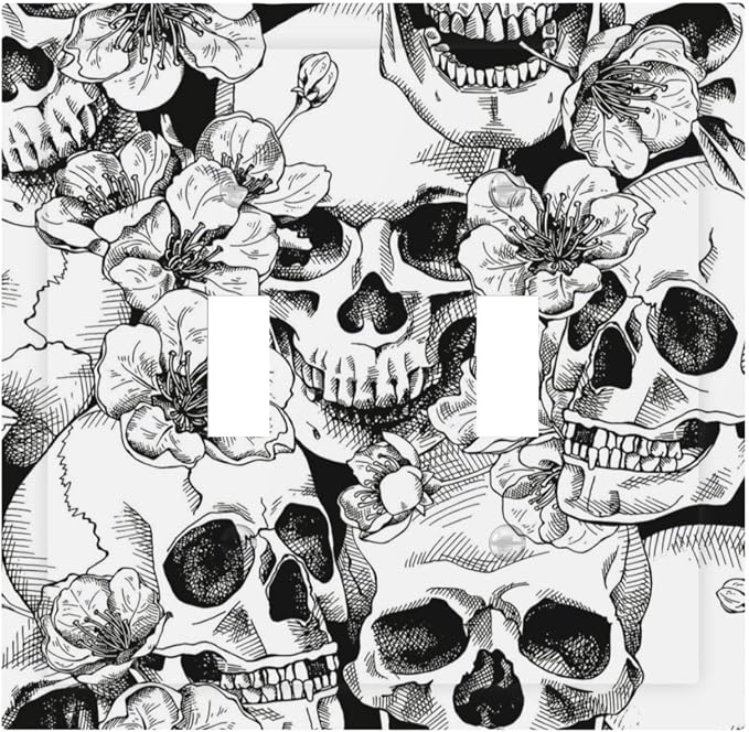 Gothic Sugar Skull Floral Blackwhite Decorative Switch Plates 2 Gang Double Toggle Outlet Light Switch Cover Wall Plate Electrical Faceplate for Farmhouse Office Home Decor - skull plate