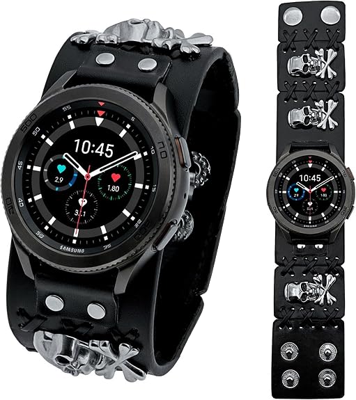 Leather Skull Cuff Punk Button Bracelet Compatible with Samsung Galaxy Watch 4/4 Classic/5/5 Pro/6/6 Classic/7/FE/8/8 Classic/9/Ultra/Ultra2 Bands,Cool Steampunk Strap for Samsung Watch 40mm/44mm/43mm/45mm/46mm/47mm - skull watch