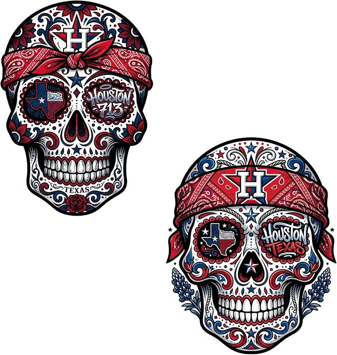 Houston Texas Sugar Skull Vinyl Stickers, 2 Pack, 5 Inch, Red White and Blue, Waterproof, for Car, Truck, Laptop - skull sticker