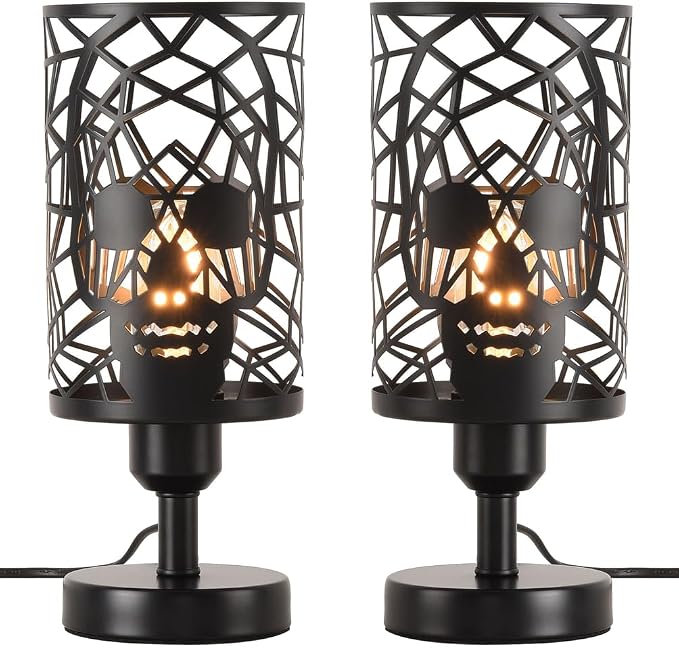 Set of 2 Skull Table Lamp for Bedroom with Plug in Switch - skull lamp