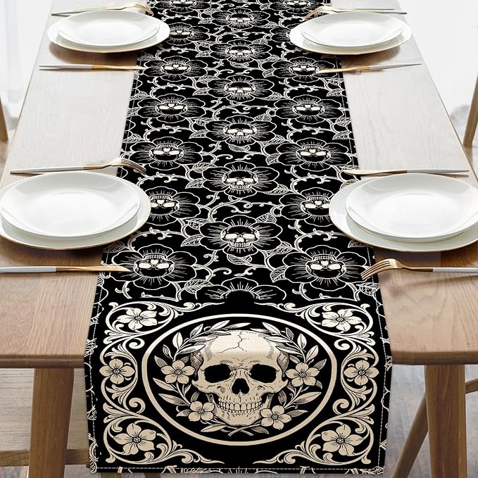 Gothic Skull Table Runner 13x72 Inch Black Floral Day of the Dead Decor - skull wreath