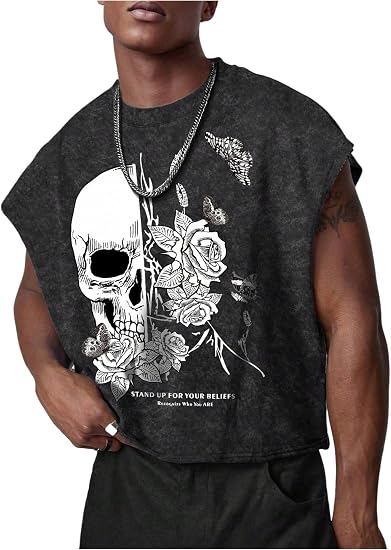 VIPWOLF Men's Crop Top Graphic Y2K Sleeveless Cropped Tank Tops Streetwear - skull tank tops