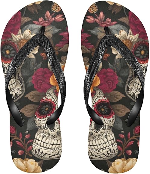 Yellow Hair Bunny Anime Día De Los Muertos Sugar Skulls Flowers rubber mens flip flops Quick-Dry men's flip for vacation - sugar skull costume