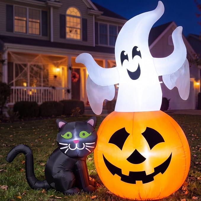 Joiedomi 5FT Halloween Inflatables Ghost Decorations, Lighted Ghost on Pumpkin with Black Cat Outdoor Decor, Halloween Blow Up Yard Decorations for Outside Patio Lawn Party Indoor Decor - skull inflatable