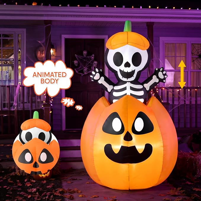 Joiedomi 5FT Halloween Animated Inflatables Outdoor Decorations, Inflatable Skeleton On Pumpkin with LEDs, Cute Blow Up Pumpkin Skeleton Decor for Outside Yard Indoor Lawn Garden Party Decoration - skeleton
