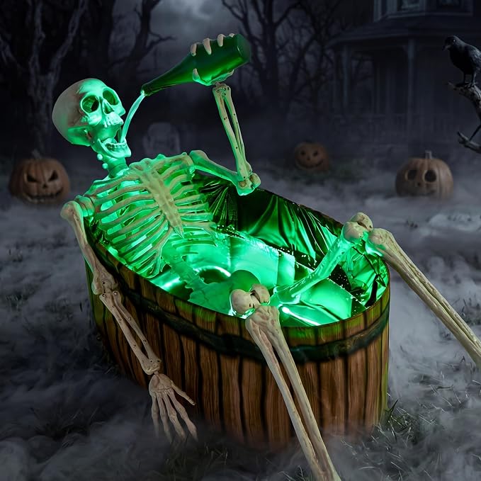 JOYIN 5ft Halloween Animatronic Drinking Skeleton Decorations, Outdoor Haunted Props with Endless Liquid Pouring Effect, Green LED Lights & Spooky Sounds, Life-Size Skeleton for Garden Yard Lawn - skeleton