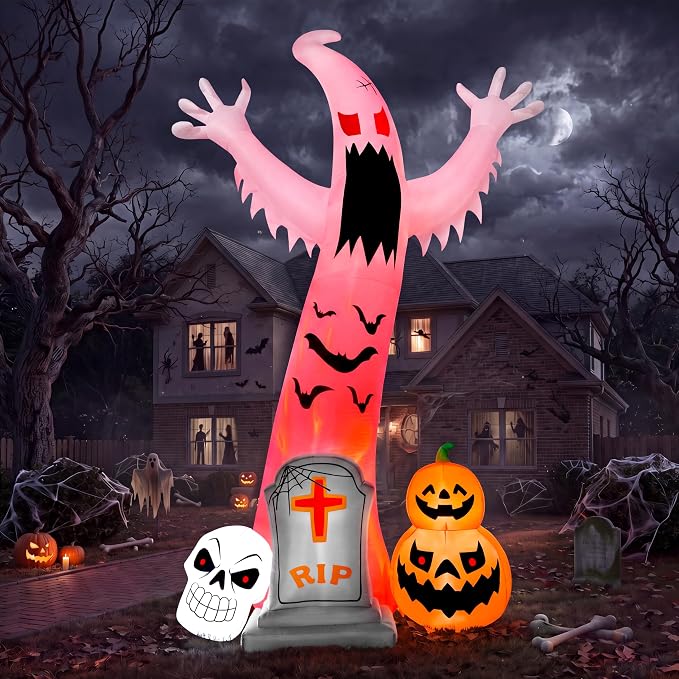 Joiedomi 12FT Giant Halloween Inflatables Spooky Ghost with Skull Tombstone & Pumpkins Outdoor Decoration, Halloween Blow Up Yard Decorations with Rotating Colorful LED Lights for Lawn Garden Decor - skull inflatable