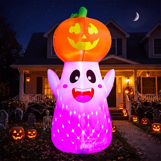 Joiedomi 5FT Tall Halloween Inflatable Ghost Pumpkin with 3-Pattern Colorful Rotating Flashing Lights, Cute Halloween Blow Up Ghost Yard Decorations for Lawn Garden Indoor Outdoor Decor - skull inflatable