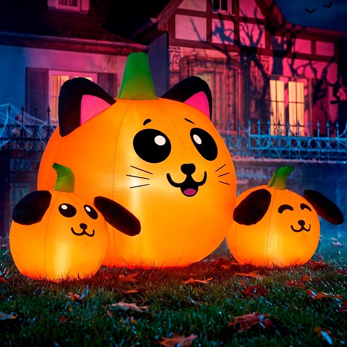 JOYIN 5FT Long Halloween Inflatable Pumpkin Cat & Dog Head Combo Outdoor Decoration with Built-in LED Lights, Halloween Inflatable Decoration Blow Up Decoration for Yard Lawn Garden Indoor Decor - skull inflatable