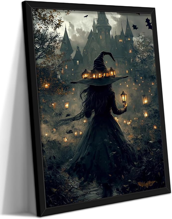 Dark Gothic Halloween Witch Canvas Wall Art, Witch Holding Lantern in Misty Forest Print, Mysterious Halloween Artwork, Whimsical Wall Decor for Living Room Bedroom Hallway, 8x10in, Black Frame
