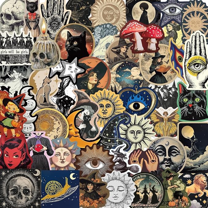 52Pcs Mysterious Celestial Stickers Pack, Celestial Witchy Tarot Sun Moon Waterproof Stickers, for Laptop,Kindle, Journal, Scrapbook, Suitcase, Water Bottle, Skateboard for Adults - skull sticker