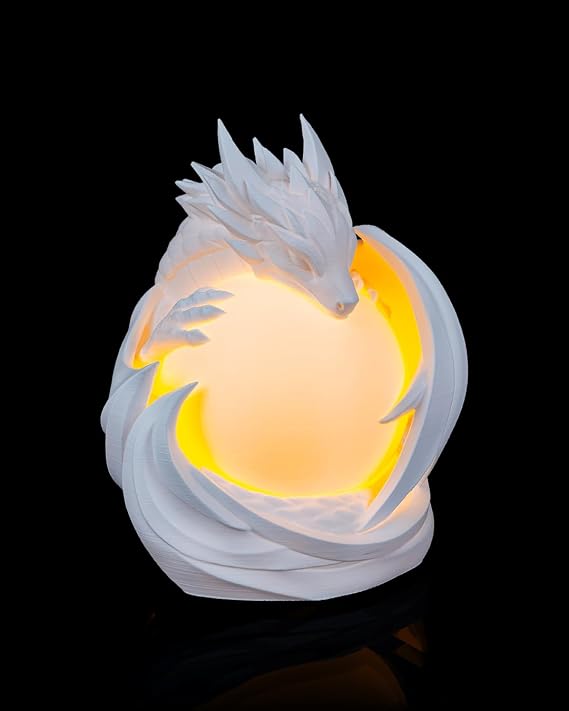 3D Printed Dragon Sculpture Desk Lamp, White, Warm White LED, Gothic Theme, Tabletop Night Light with Remote Control (Biger 6x6x7 in) - skull lamp