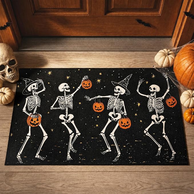 Halloween Door Mat: Funny Halloween Skull Rug, Black Dancing Skeleton Non-Slip Halloween Bathroom Rug with Pumpkin, Spooky Halloween Indoor Outdoor Decorations for Bathroom, Bedroom 17x29 Inch - skull toilet mat