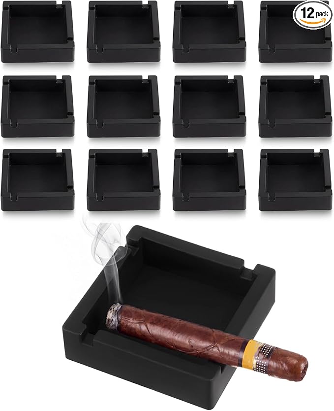 Mifoci 12 Pack Black Square Silicone Ashtrays, Cigar Ashtray for Outdoors with 4 Wide Rest Cigar Holders, Large Ring Gauge Ash Tray for Patio Outside Indoor Home Bar, Unbreakable & Easy to Clean - skull ashtray