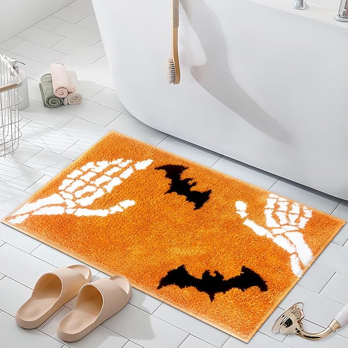 Halloween Bath Mat Non-Slip, Skull Bat Super Absorbent Bathroom Rugs Bone Skeleton Thick Washable Mat for Shower, Tub, Sink – Household Essentials Decor, Black Orange, 17×24 in