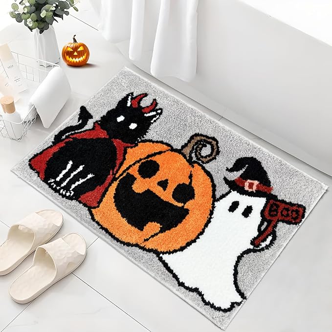 Halloween Bath Mat Non-Slip, Black Cat Ghost Pumpkin Super Absorbent Bathroom Rugs Thick Washable Mat for Shower, Tub, Sink - Holiday Household Essentials Decor, Grey1, 20x30 in - skull toilet mat