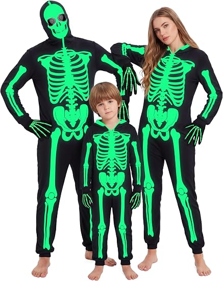 SOMSOC Family Matching Halloween Skeleton Costume Glow in the Dark Cosplay Jumpsuit Onesie with Gloves for Men Women Kids - skeleton