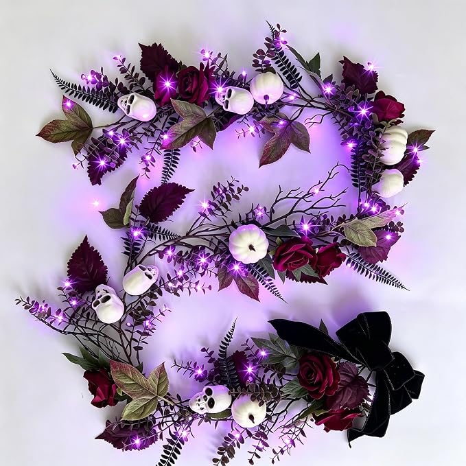 HipTree 6FT Gothic Halloween Garland with Purple Lights