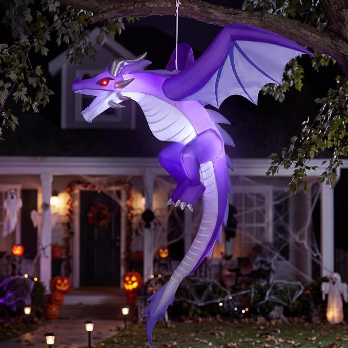 Joiedomi 5FT Tall Halloween Inflatable Flying Purple Dragon Decoration with Built-in LED Lights, Blow Up Flying Purple Dragon for Hanging Porch Tree Eave Yard Lawn Garden, Spooky Halloween Decor - skull inflatable