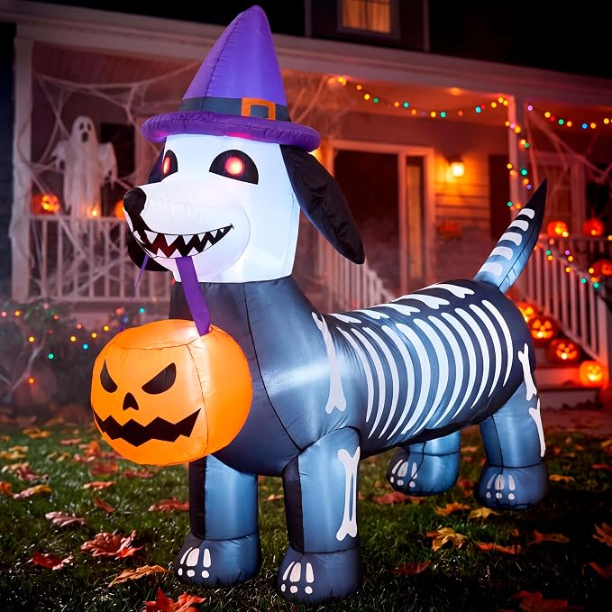 JOYIN 5.7FT Long Halloween Inflatable Skeleton Puppy Pumpkin Decoration with Built-in LED Lights, Self-Inflating Blow Up Skeleton Dog Pumpkin for Outdoor Yard Garden, Spooky Glowing Halloween Decor - skull inflatable