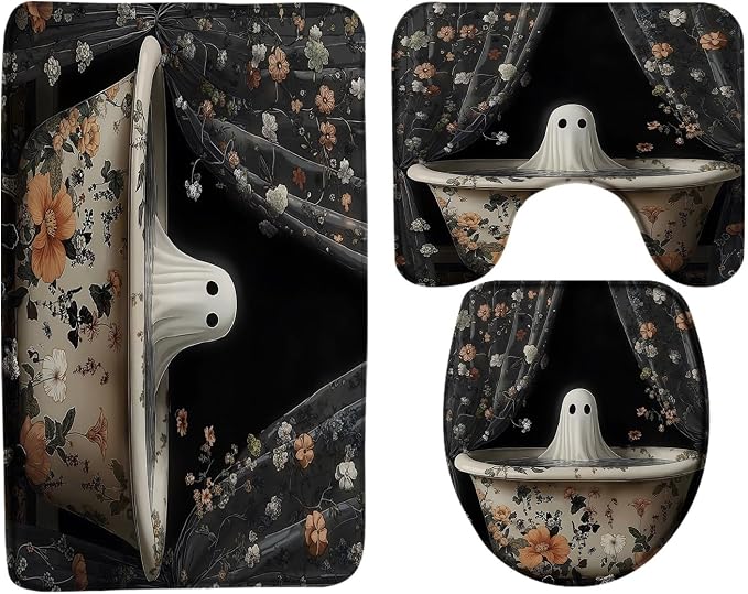Funny Ghost Bath Mat Halloween Spooky Gothic Retro Floral Scary Horror Vintage 3 Piece Bathroom Mat Rug Sets,17.8"x29.5"Bath Mat,Toilet Seat Cover, U-Shaped Toilet - skull toilet mat