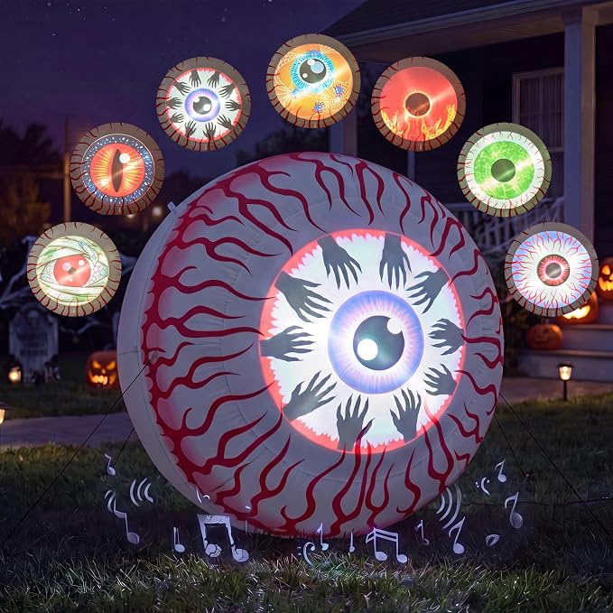 JOYIN 4FT Halloween Inflatable Eyeball Decoration with Projector & 7 Expression Projections, Built-in Music Box Blow Up Eyeball for Outdoor Yard Lawn Garden Indoor Porch Patio, Spooky Halloween Decor - skull inflatable