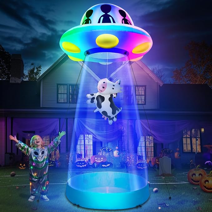 10 Ft Tall Halloween Inflatable UFO with Floating Cow Decorations Outdoor - skull inflatable