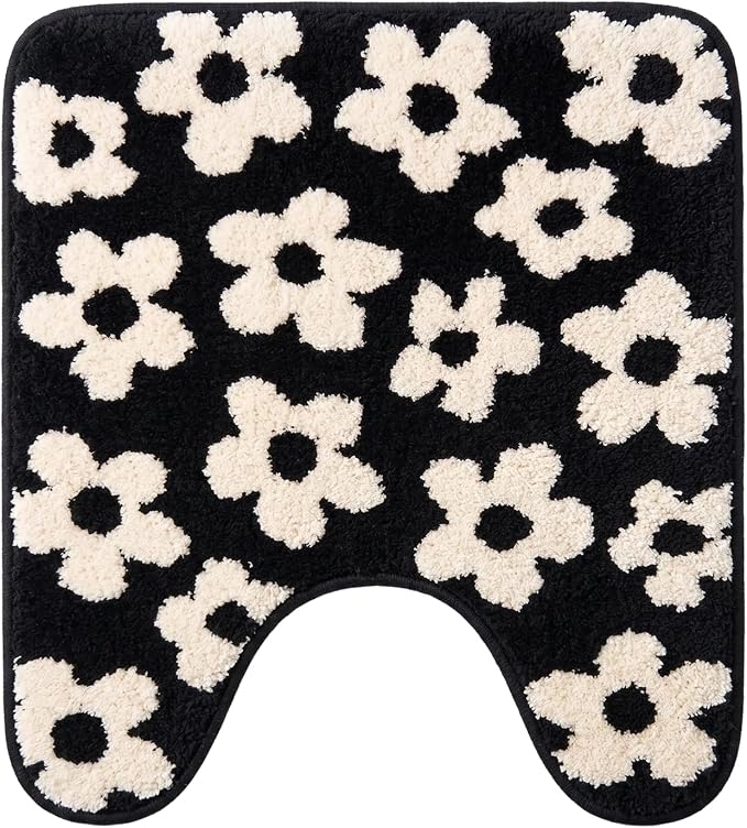 Flower Toilet Rug, U Shaped Black Floral Bathroom Rug, Women Gift - skull toilet rug