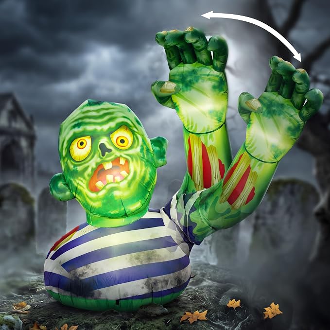 JOYIN 5.5FT Halloween Inflatable Zombie Decoration with Waving Raised Hand & Built-in LED Lights, Blow Up Zombie for Outdoor Yard Lawn Garden Indoor Porch Patio Home, Spooky Halloween Inflatable Decor - skull inflatable