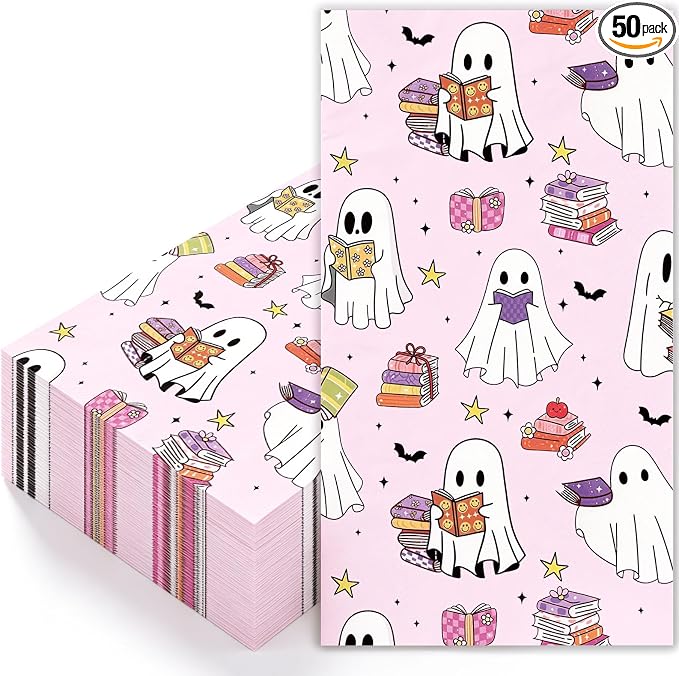 JarThenaAMCS 50 Pcs Halloween Guest Napkins Cute Ghost with Book Paper Napkins Pink Disposable Bathroom Hand Towels for Trick or Treat Party Dinner Table Supplies - skull toilet paper