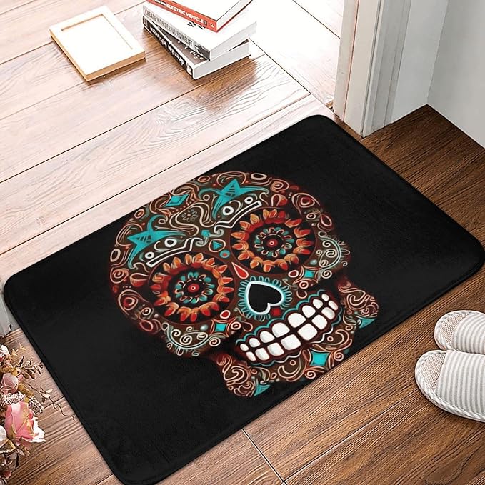 Outdoor Indoor Entrance Door Mat, Non-Slip Washable Welcome Mat Low Profile Floor Mat, Absorbent Flannel Bath Mats, Sugar Skulls Day of the Dead Doormat for Entryway Rug 16 x 24 Inch - skull floor mat